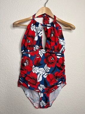 B2Prity Tropical Floral One Piece Ruched Swimsuit Halter Tie Red White Blue XL